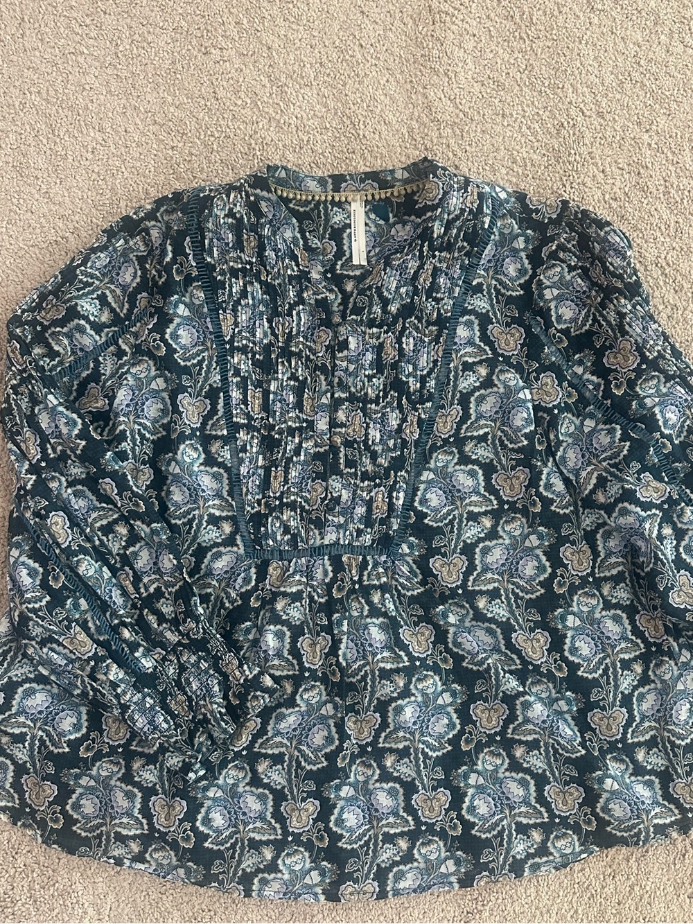 Anthropologie Teal Floral Pintuck Peasant Blouse